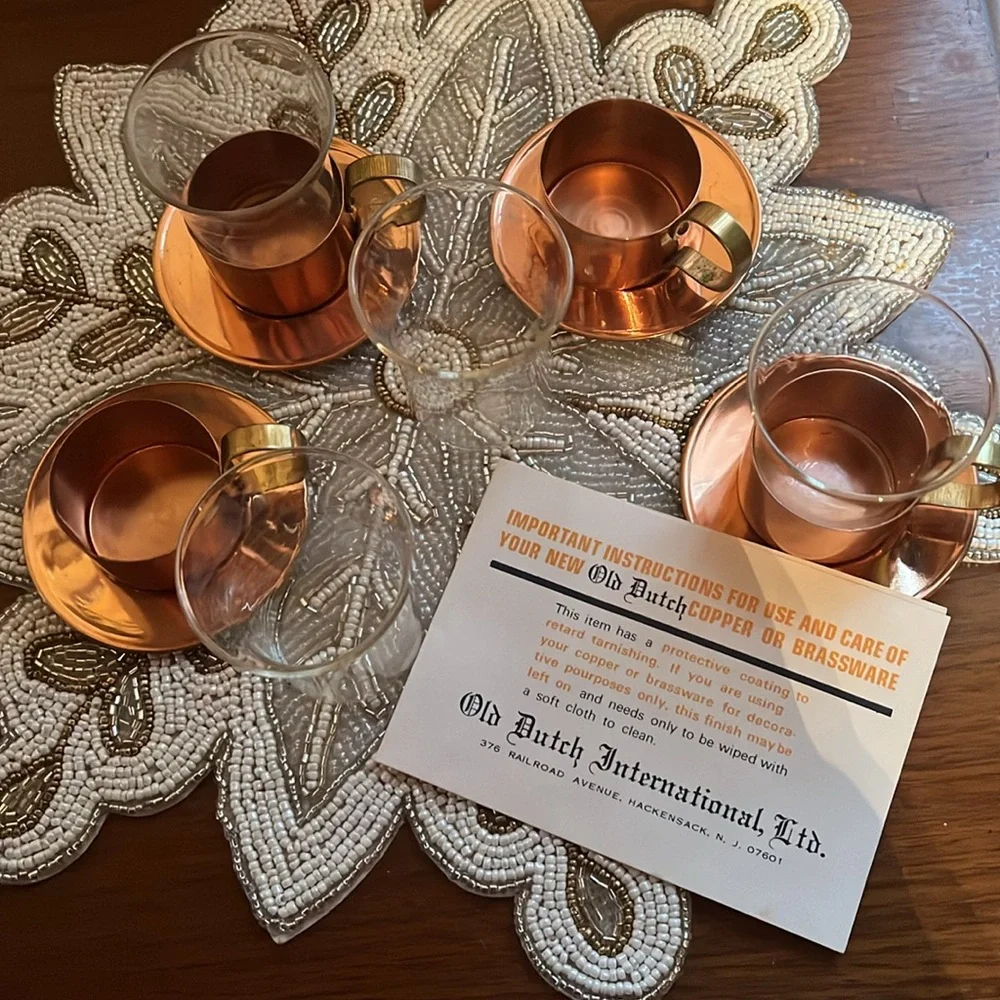 Old Dutch copper & brass espresso coffee set w/saucers & removable glass cups - Picture 4 of 4
